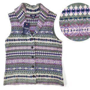 New CHAPS Fair Isle Sweater Vest Shawl Collar Buttons Nordic SW Green Purple M